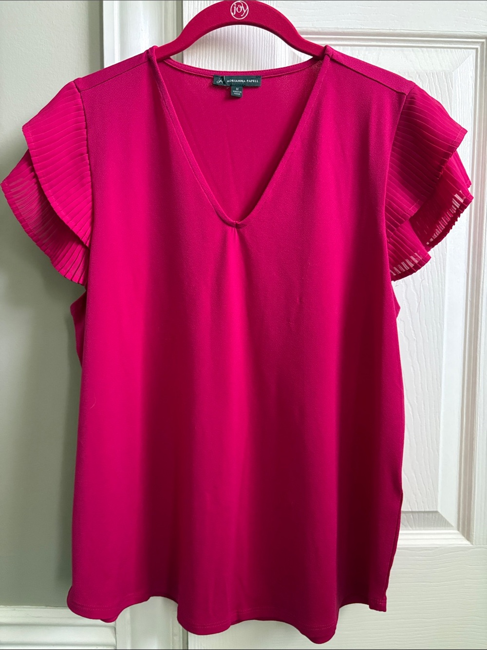 Adrianna Papell Fuchsia Pleated Ruffle Sleeve V-Neck Blouse